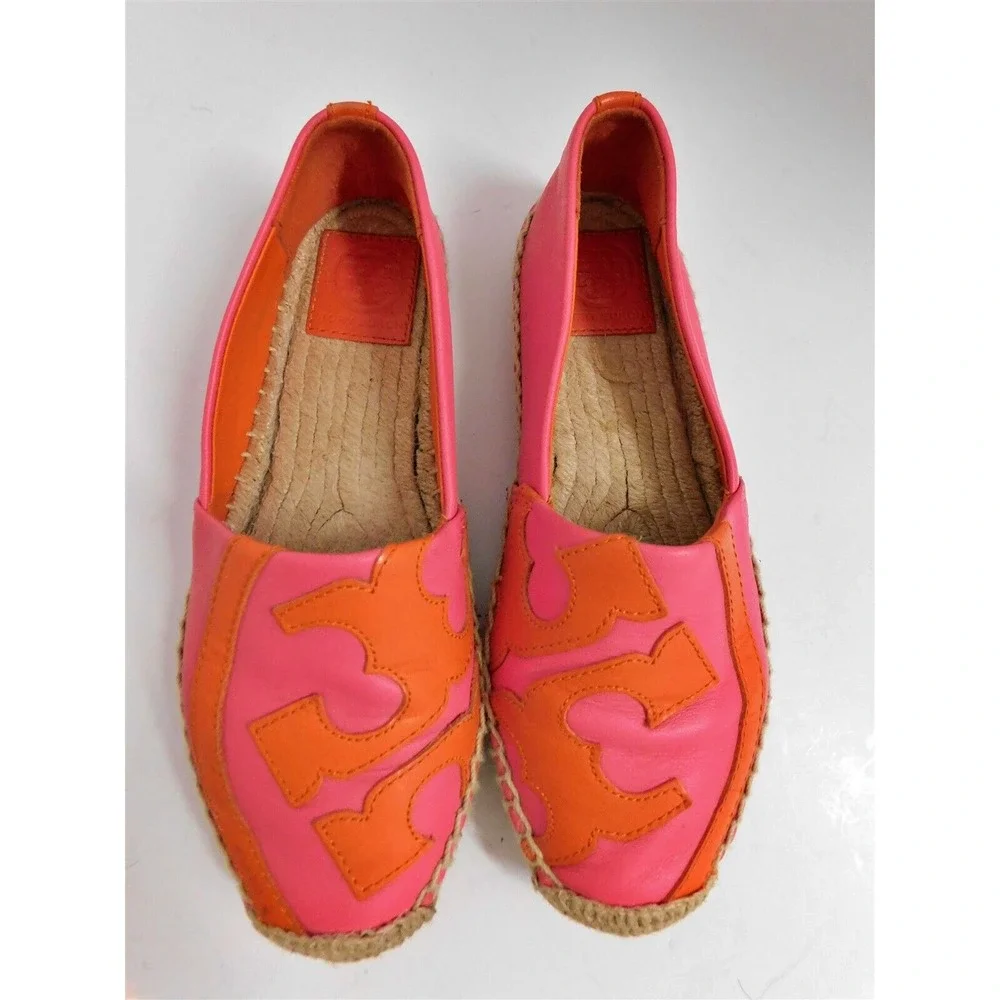 Tory Burch‎ Shaw Pink Red Leather Medallion Logo Espadrille Flat 5.5